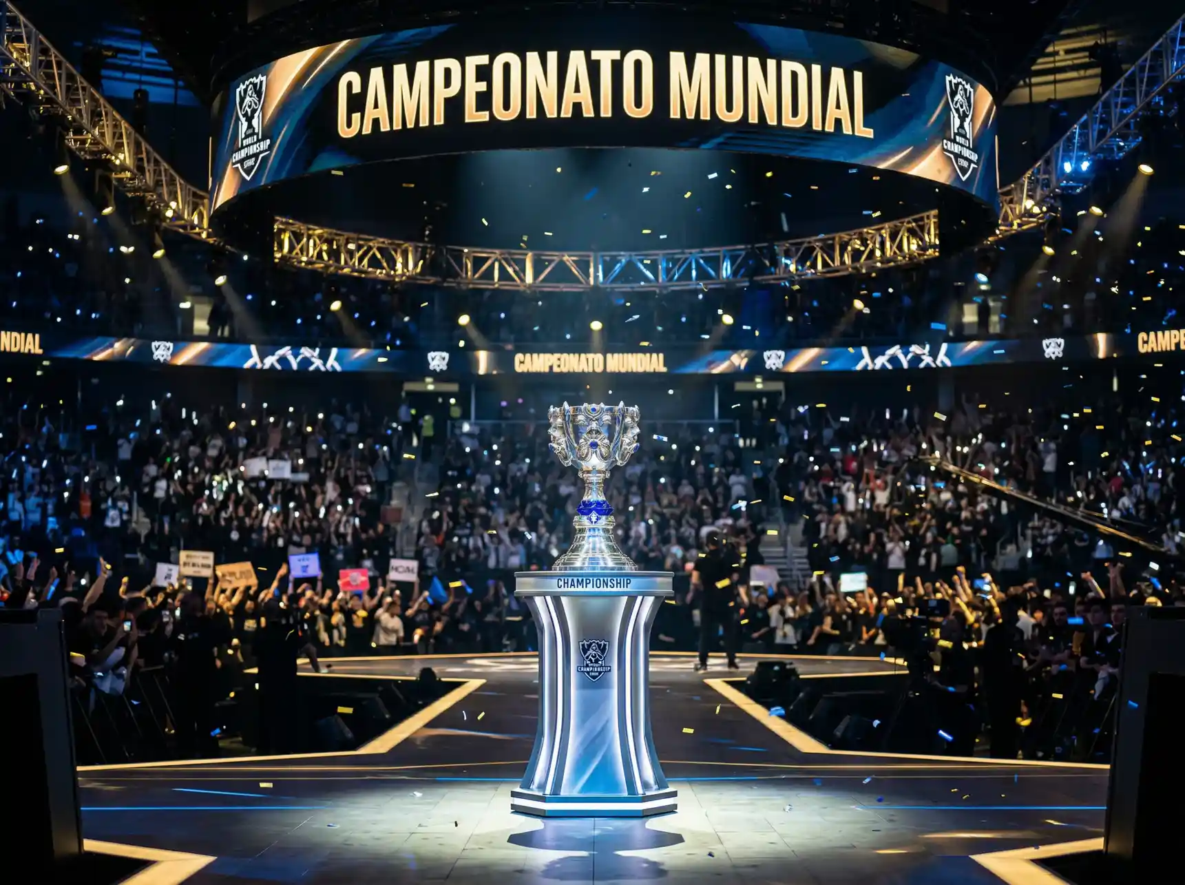 Trofeo Summoner Cup del Campeonato Mundial de League of Legends en un escenario iluminado