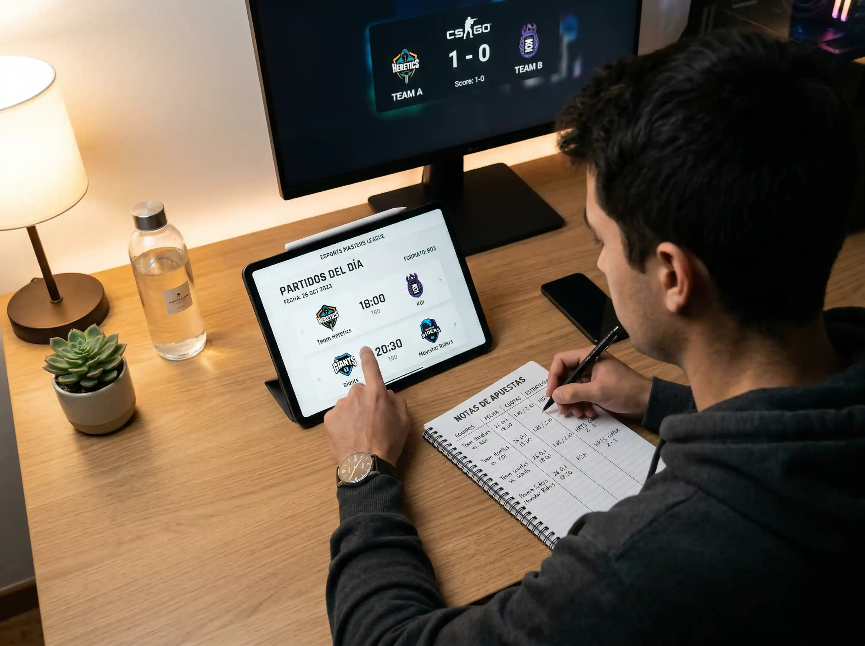 Persona preparando análisis de equipos de LoL esports antes de realizar apuestas