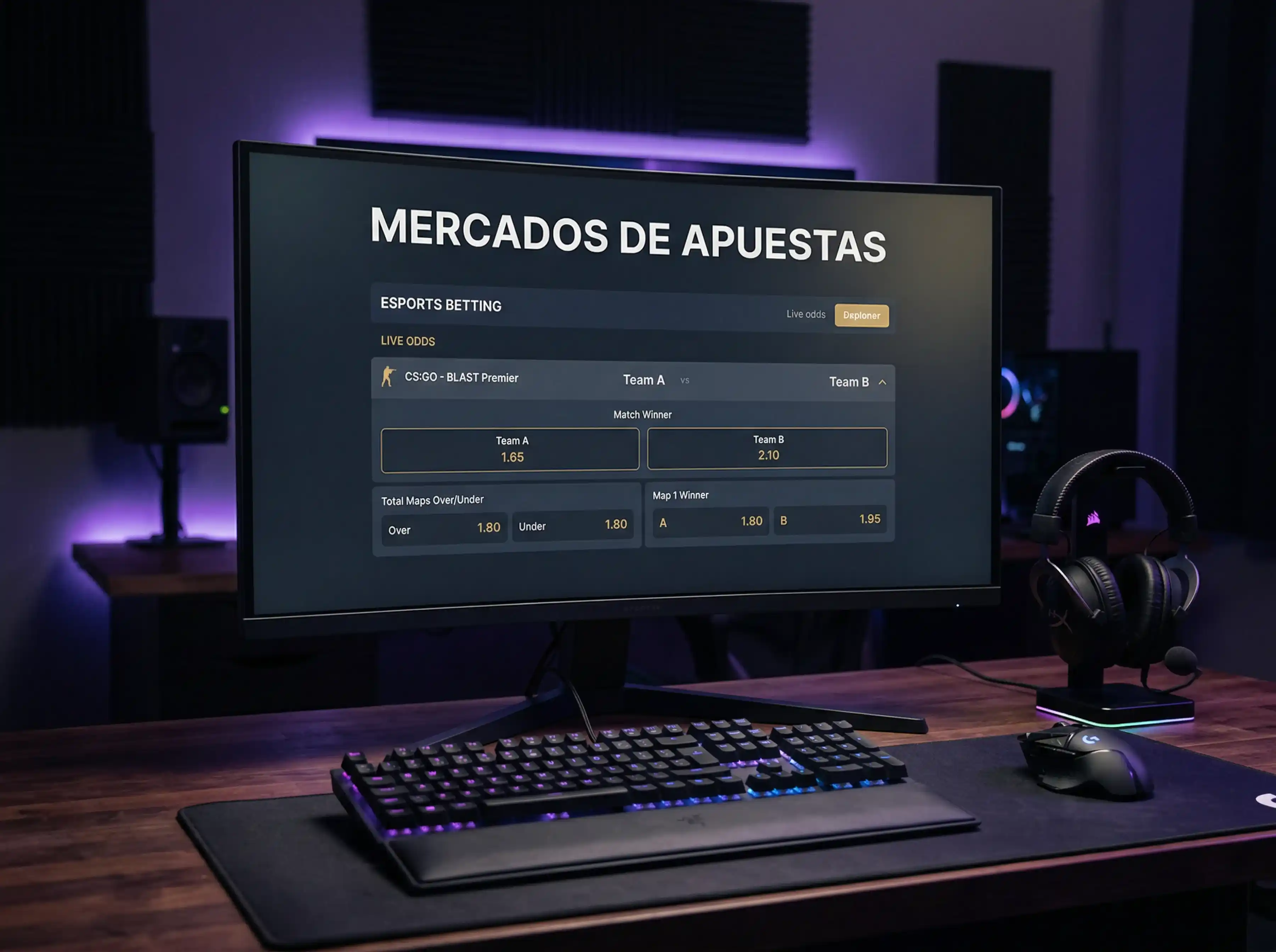 Mercados de apuestas en League of Legends con pantallas mostrando cuotas en vivo